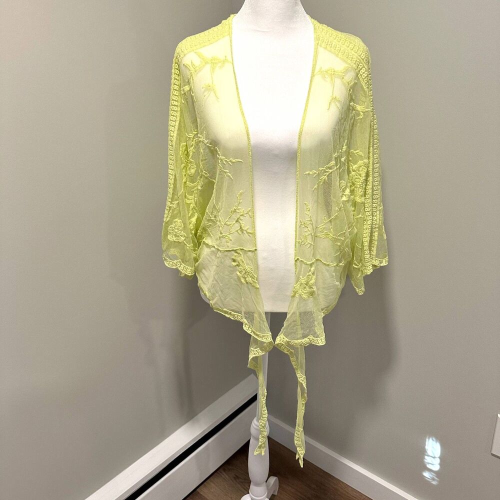 Rachel Zoe Tie Front Neon Yellow Lace Kimono/Cover Up - Picture 4 of 4